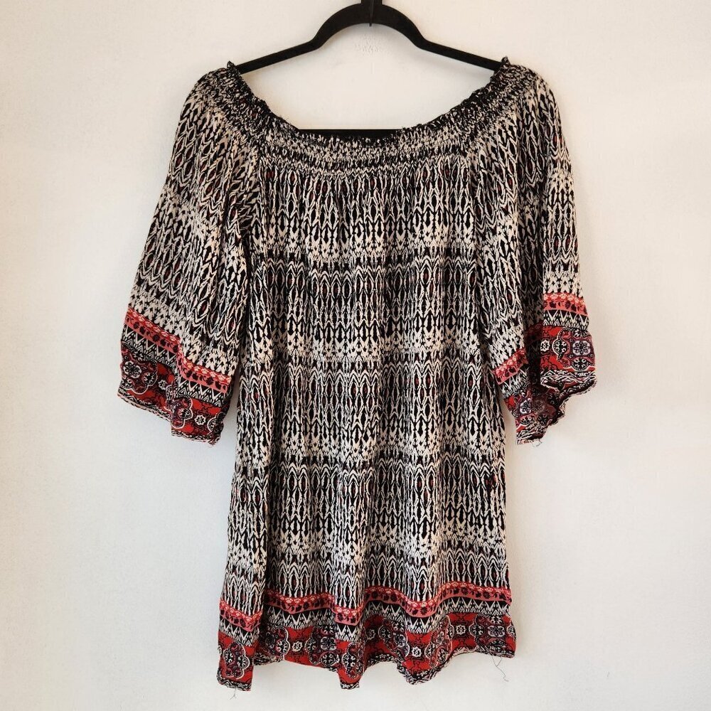 Angie Smocked Boho Blouse Top Shirt Black White 3/4 Sleeve Bohemian Women's L